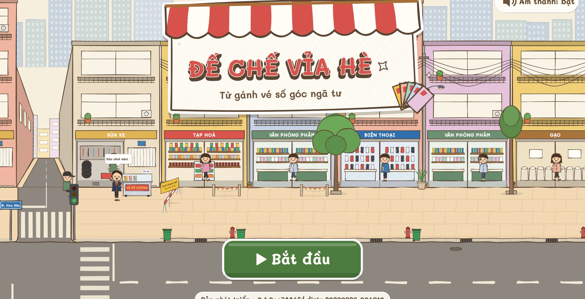 Góc phố Hoa Sữa trong game: tủ vé số, dãy tiệm tạp hoá, văn phòng phẩm, điện thoại, gạo